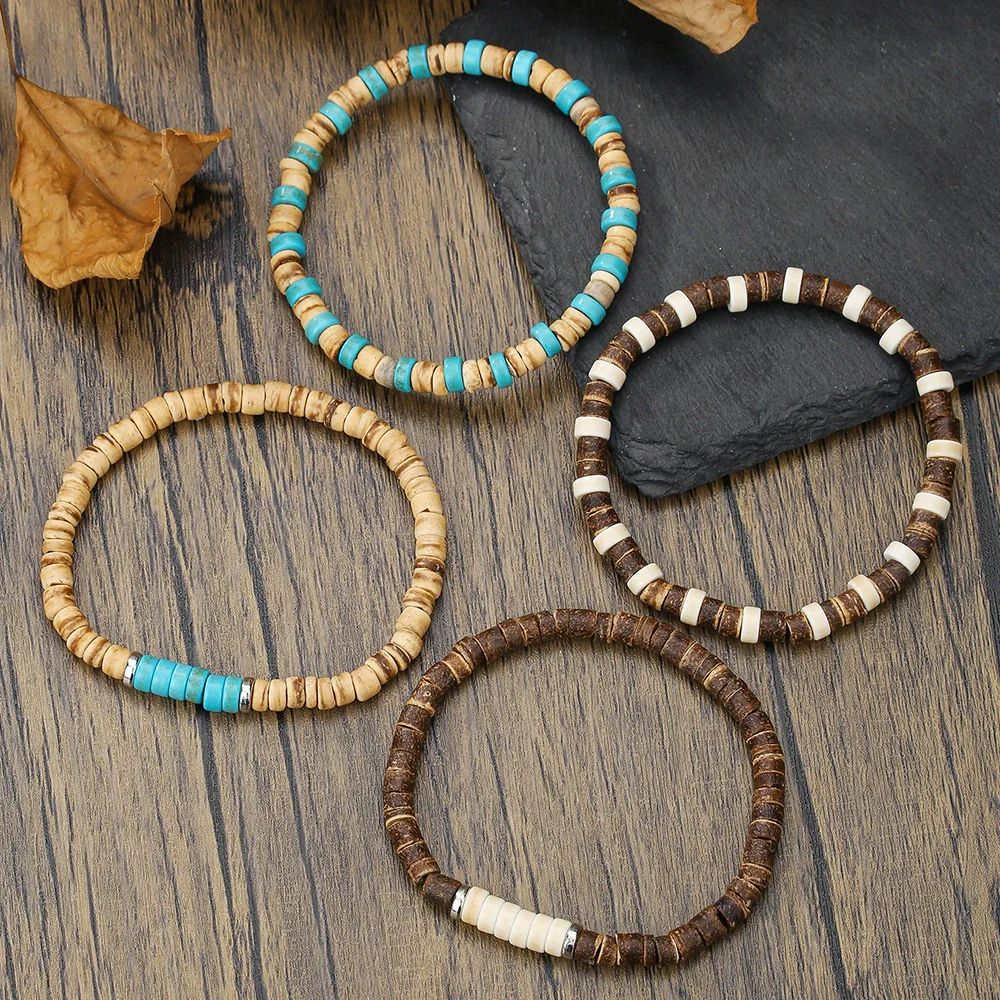 Handmade Wooden Beads Coconut Shell Geometric Bracelet Unisex - Image 3