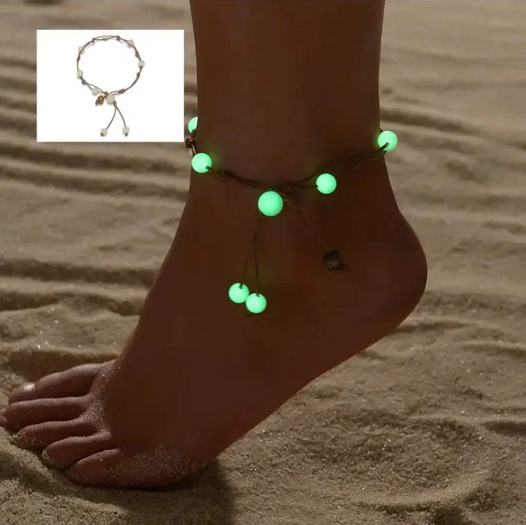 Handwoven Luminous Bohemian Style Bracelet Anklet With Rice Beads Alloy And Geometric Fivepointed Star For Women - Image 2