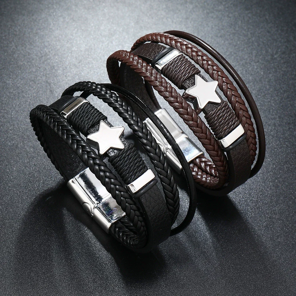 Handwoven Multilayer Leather Bracelet With Star And Fivepointed Star Micropaved For Men And Women
