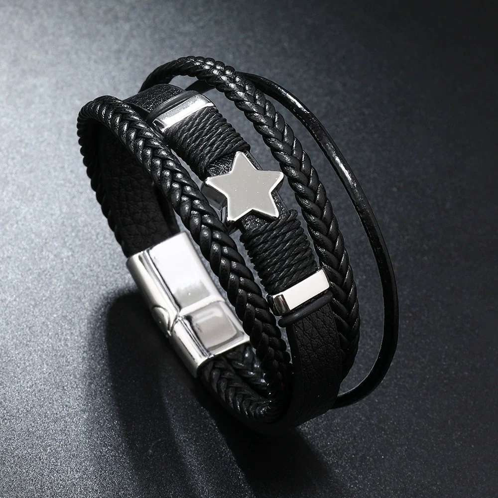 Handwoven Multilayer Leather Bracelet With Star And Fivepointed Star Micropaved For Men And Women - Image 2