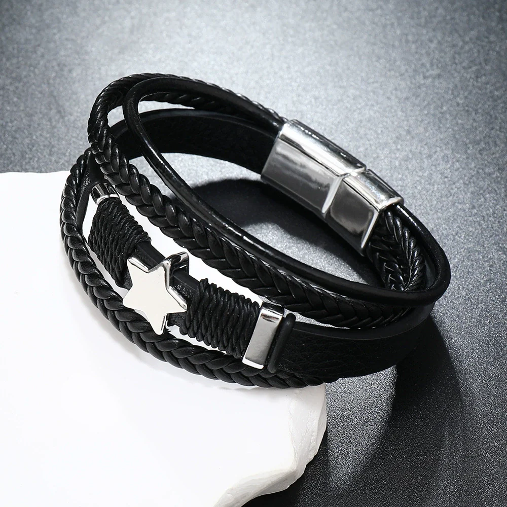 Handwoven Multilayer Leather Bracelet With Star And Fivepointed Star Micropaved For Men And Women - Image 4
