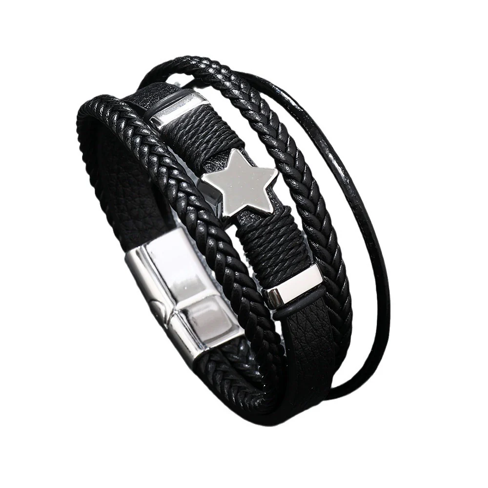 Handwoven Multilayer Leather Bracelet With Star And Fivepointed Star Micropaved For Men And Women - Image 5