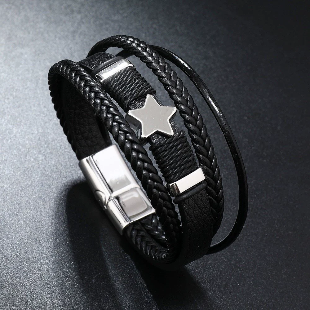 Handwoven Multilayer Leather Bracelet With Star And Fivepointed Star Micropaved For Men And Women - Image 6