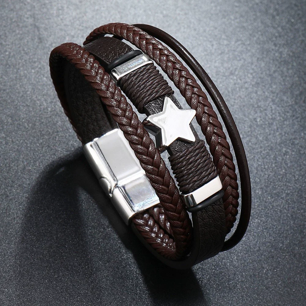 Handwoven Multilayer Leather Bracelet With Star And Fivepointed Star Micropaved For Men And Women - Image 7