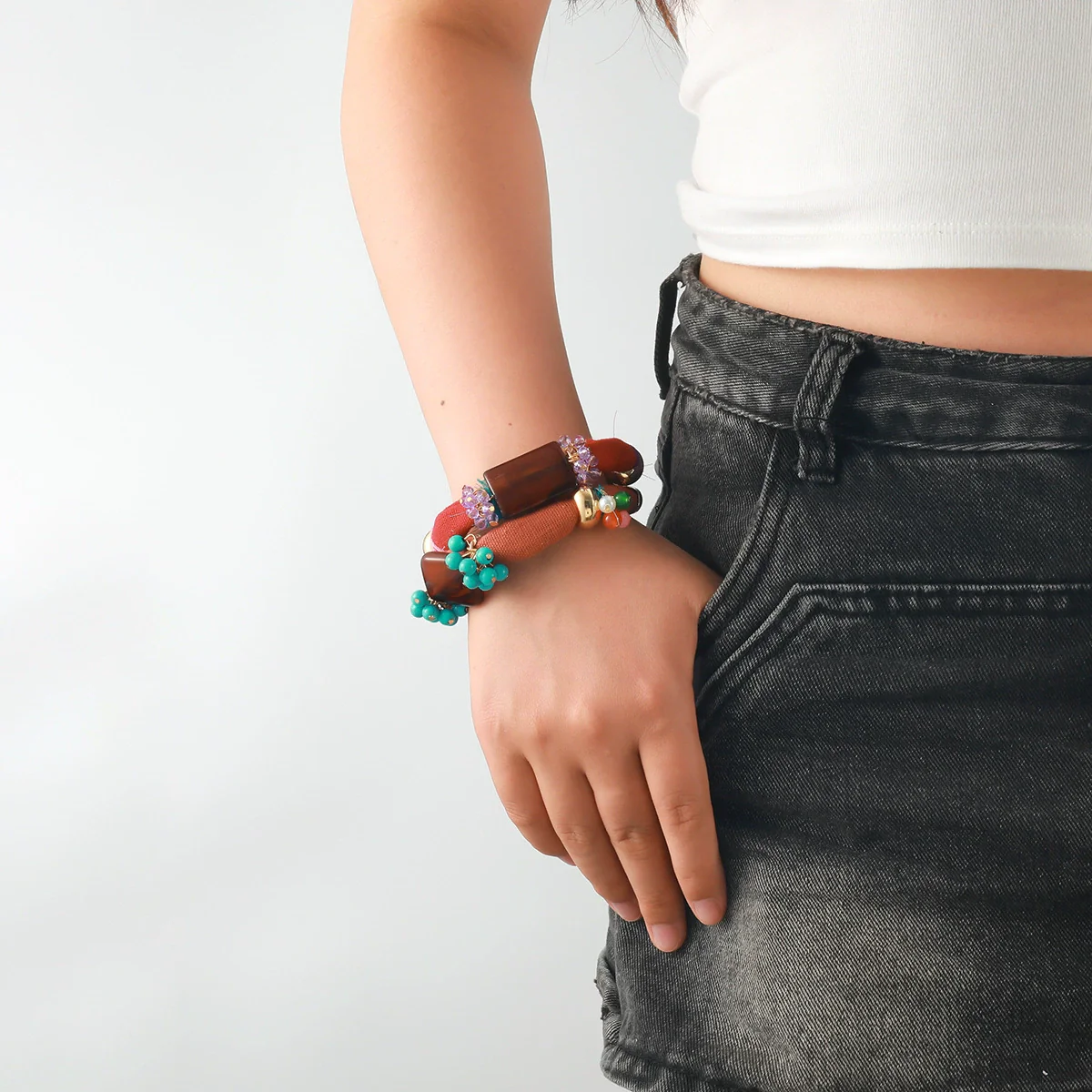 Handwoven Turquoise Alloy Bracelet Set Geometric Style Electroplating