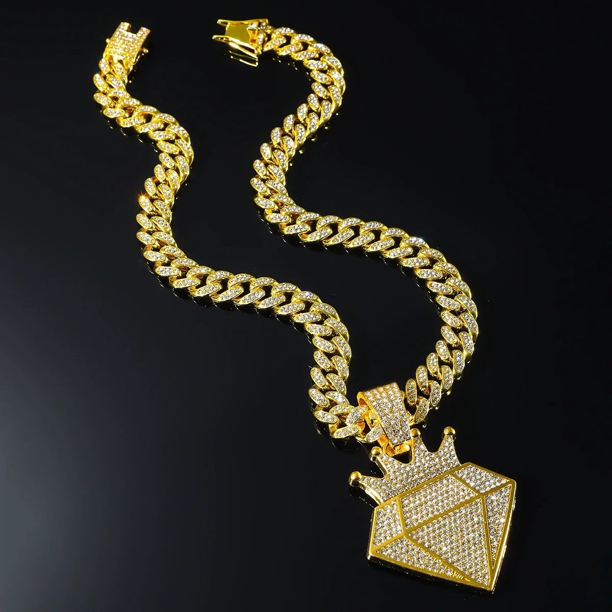 Hip Hop Alloy Crown Diamond Pendant Necklace With Cuban Chain - Image 2