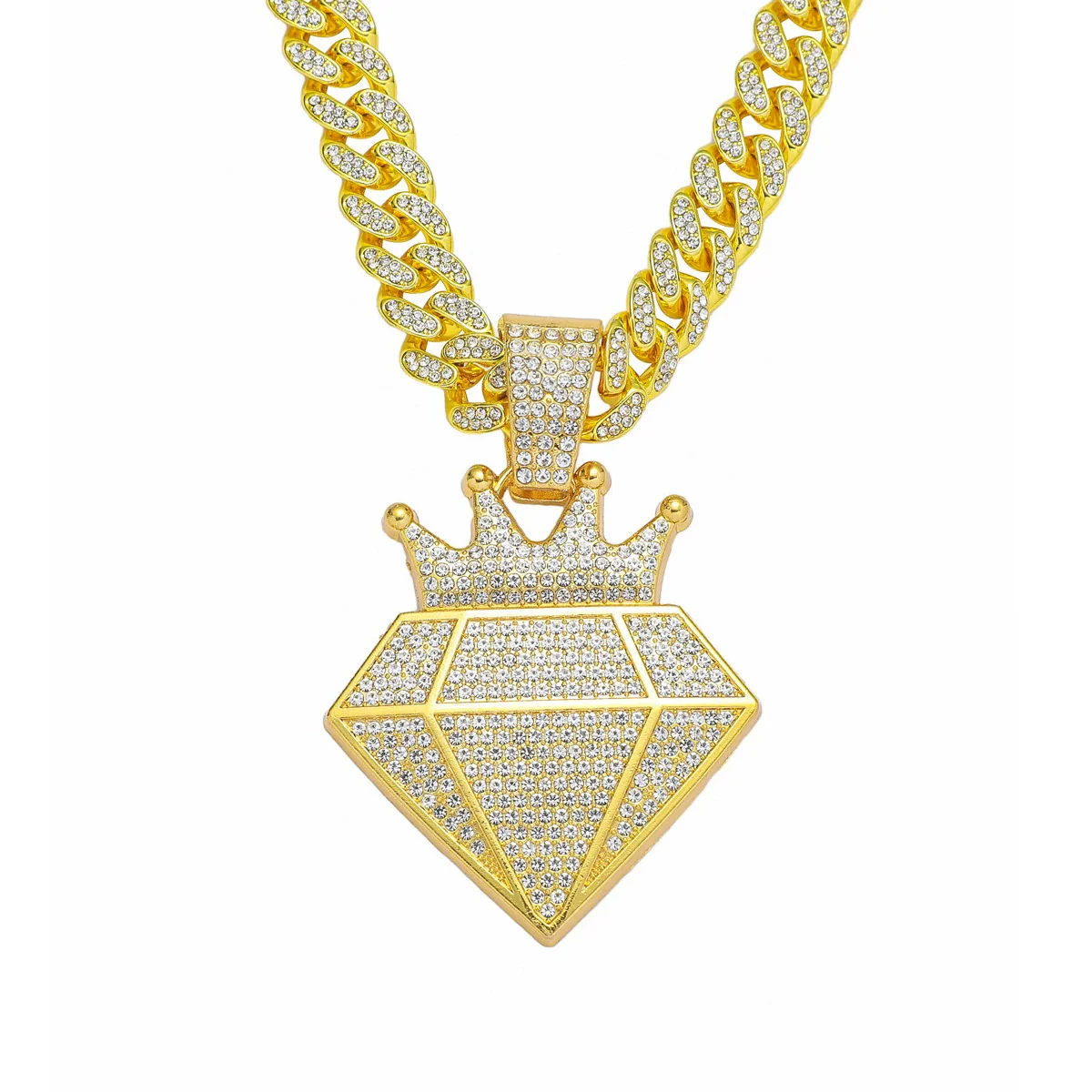 Hip Hop Alloy Crown Diamond Pendant Necklace With Cuban Chain - Image 6