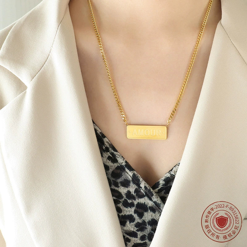 Hip Hop Long English Letter Pendant Clavicle Necklace Stacked Stainless Steel Electroplated Geometric For Women - Image 2