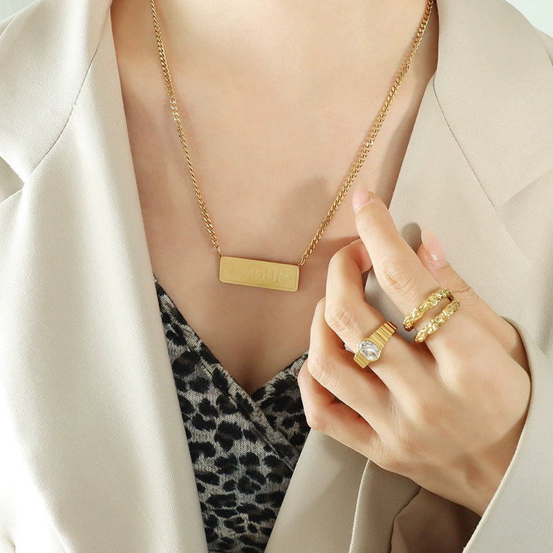 Hip Hop Long English Letter Pendant Clavicle Necklace Stacked Stainless Steel Electroplated Geometric For Women - Image 3