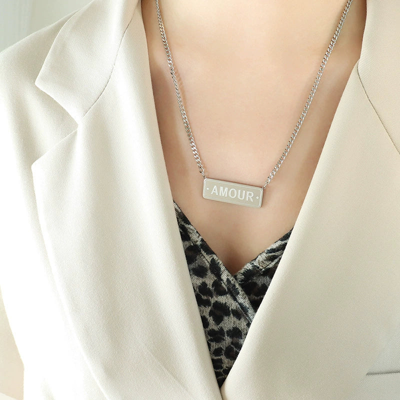 Hip Hop Long English Letter Pendant Clavicle Necklace Stacked Stainless Steel Electroplated Geometric For Women - Image 5