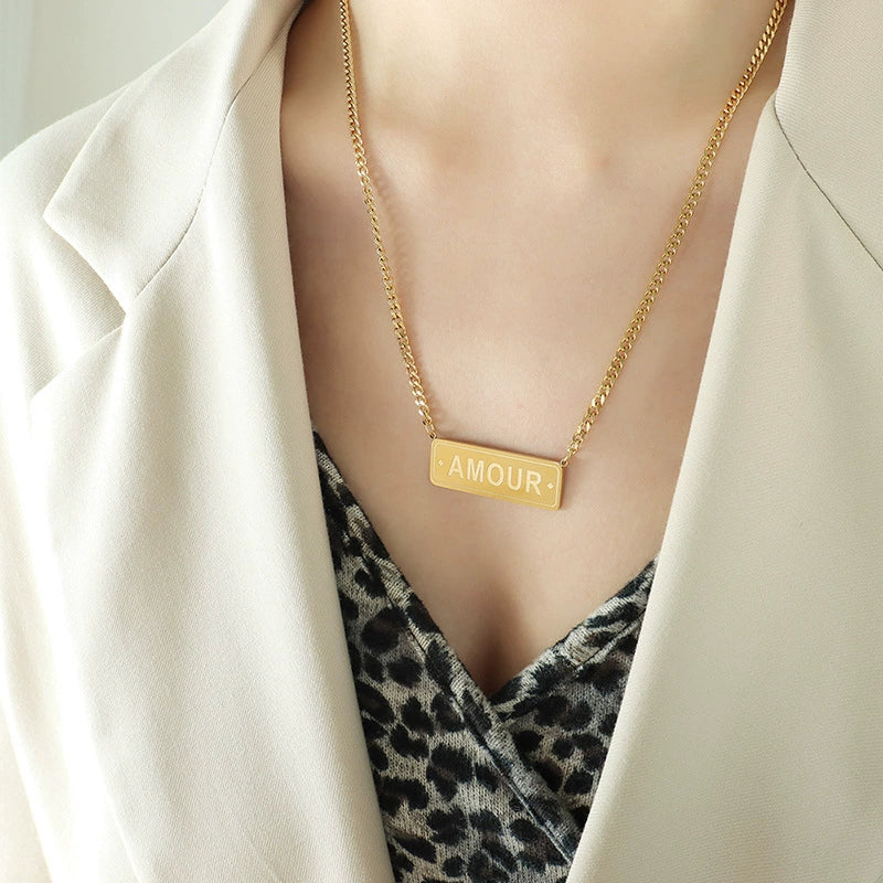 Hip Hop Long English Letter Pendant Clavicle Necklace Stacked Stainless Steel Electroplated Geometric For Women - Image 6
