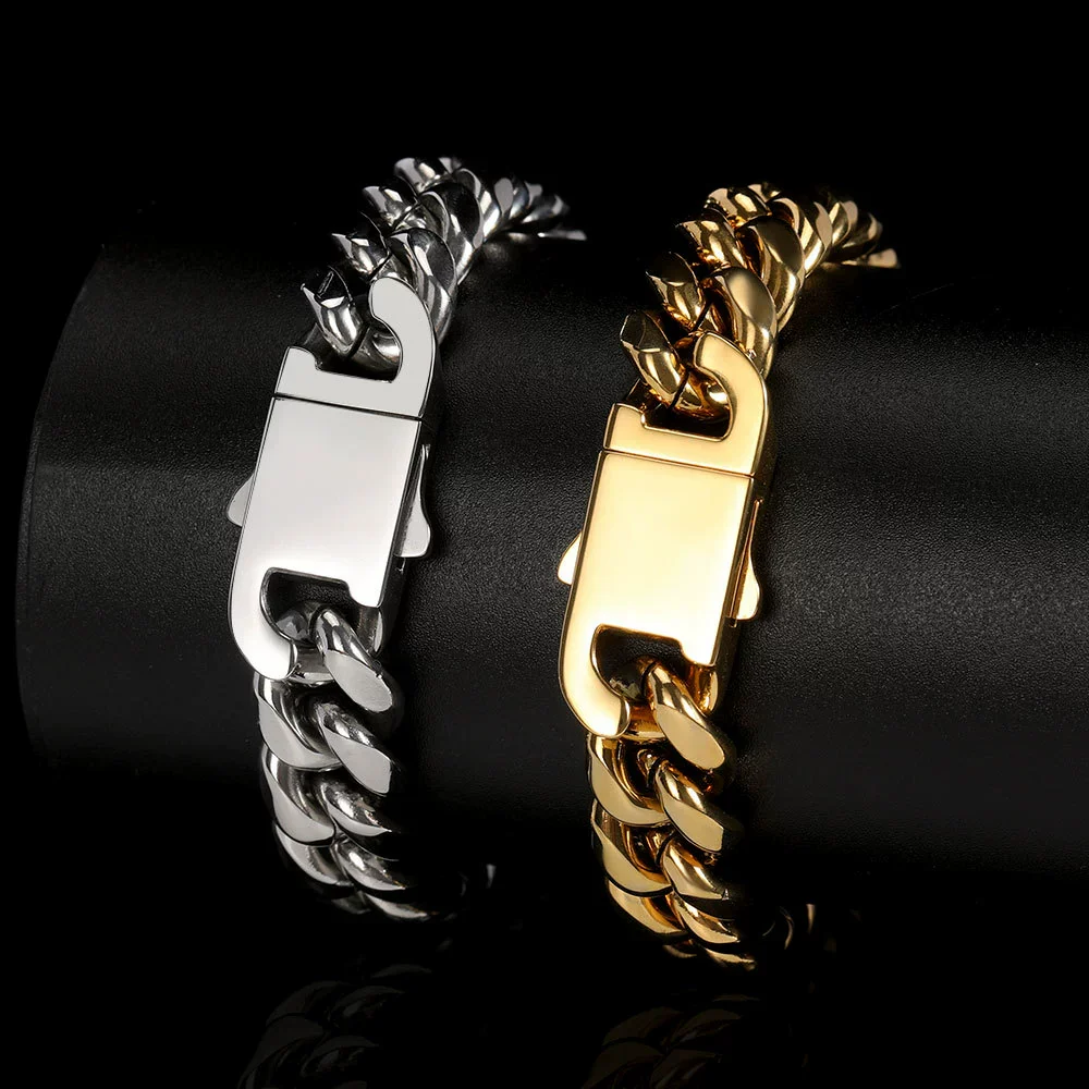 Hip Hop Stainless Steel Geometric Cuban Bracelet With Spring Buckle And Round Grinding Electroplating For Unisex - Image 4