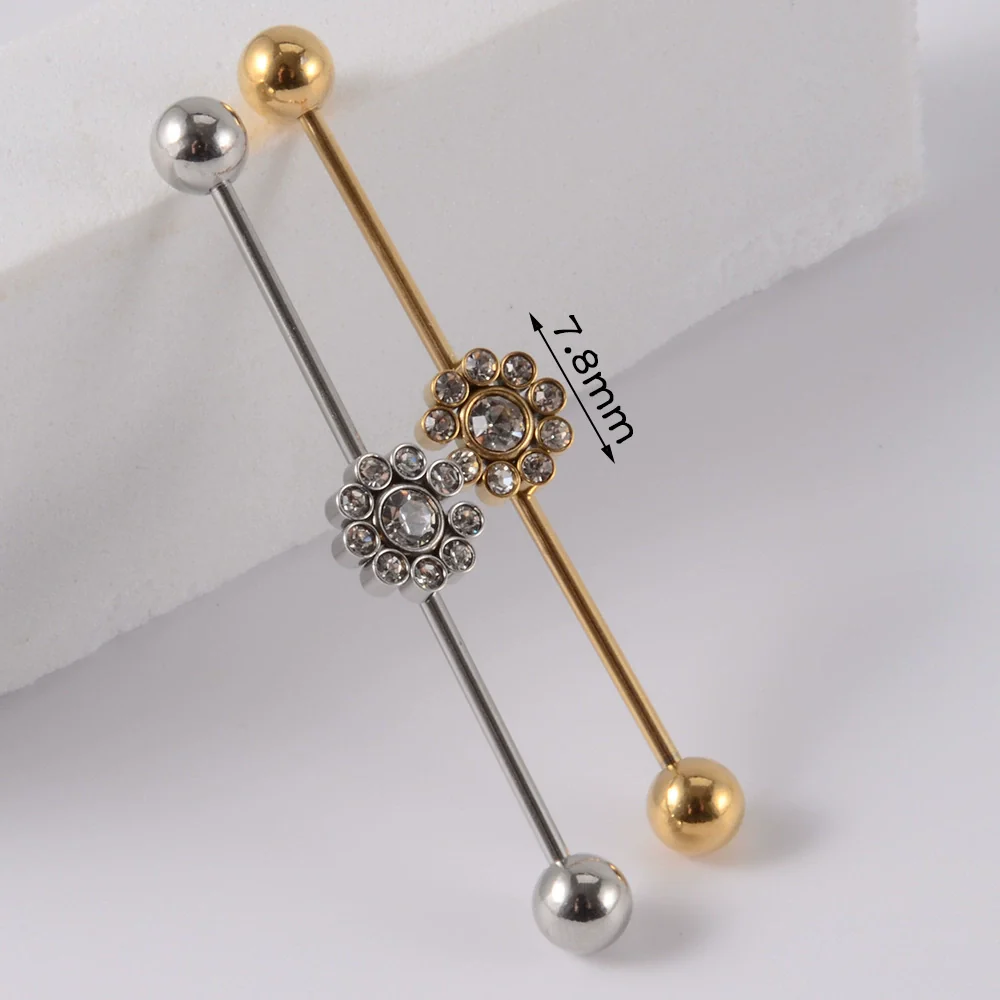 Industrial Barbell Earrings Stainless Steel Multiple Flower Hirback Pattern Electroplating - Image 17