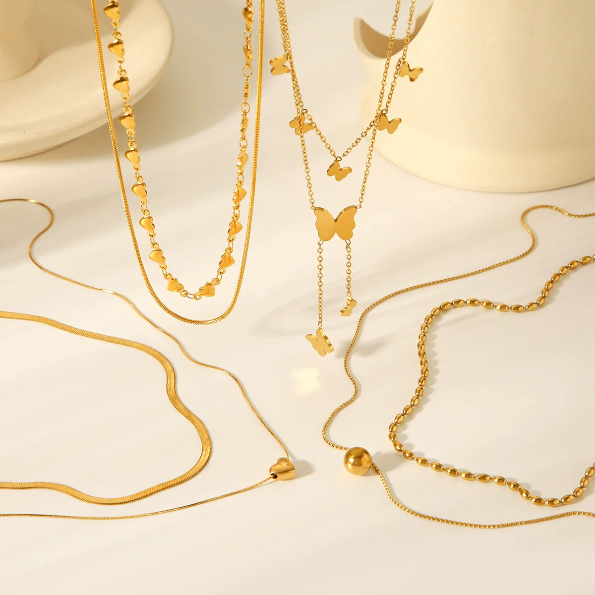 Ins Style Doublelayer Gold Plated Stainless Steel Necklace With Heart Bow Tie Star Geometric Shapes For Women - Image 3