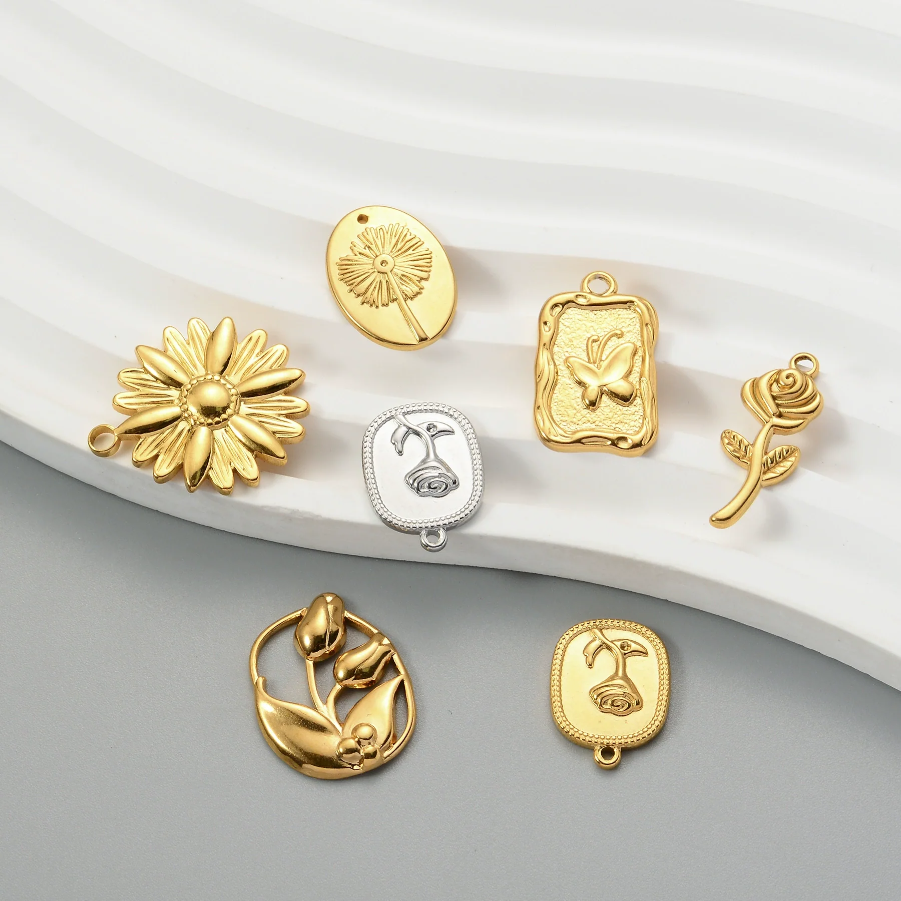 Jewelry Accessories Rose Pendant Retro Flower Stainless Steel Irregular Electroplated Diy Handmade Earrings Necklace - Image 4