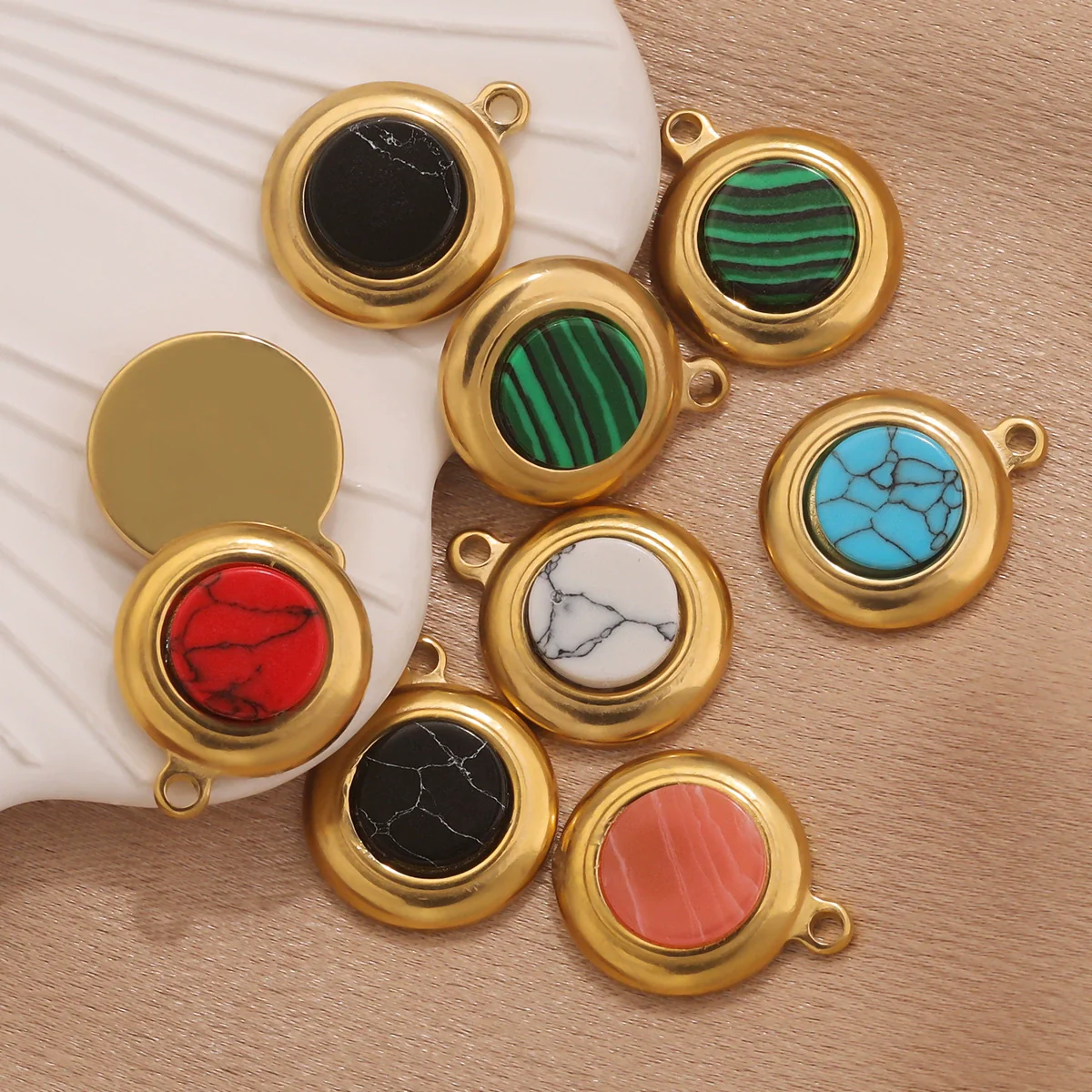 Jewelry Accessories Stainless Steel Gold Plated Natural Stone Round Bohemian Flat Back Charm Pendant Diy Earrings With Fish Pattern Retro Style - Image 4