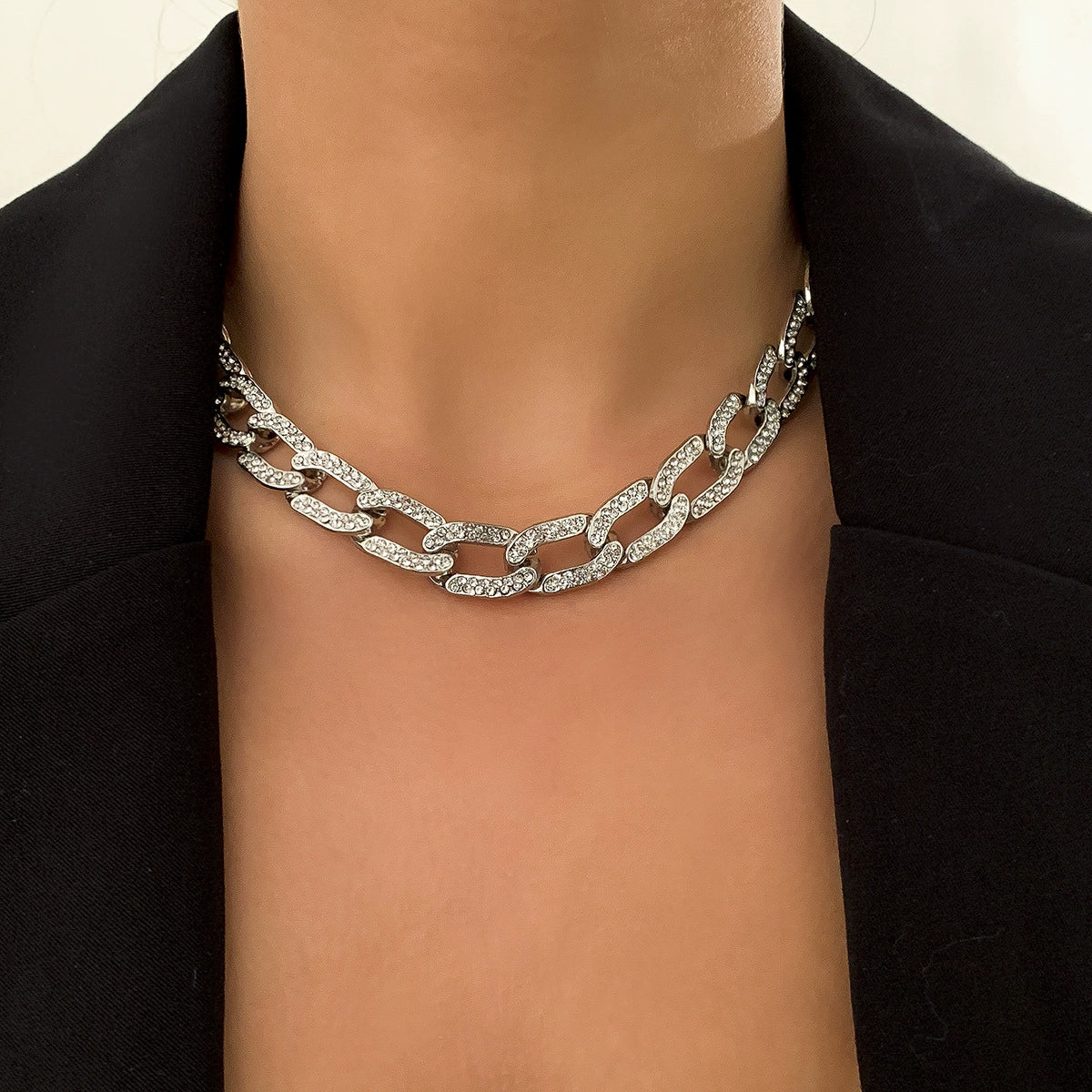 Jewelry Alloy And Rhinestone Geometric Cuban Chain Necklace For Women Punk Style