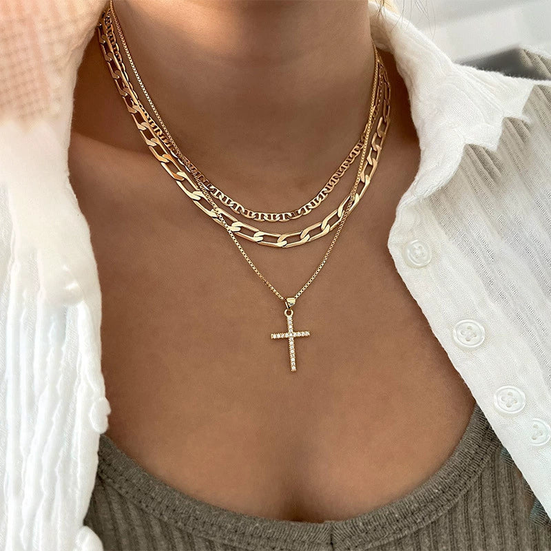 Jewelry Alloy Geometric Cross Heartshaped Pendant Multilayer Necklace With Diamond For Women