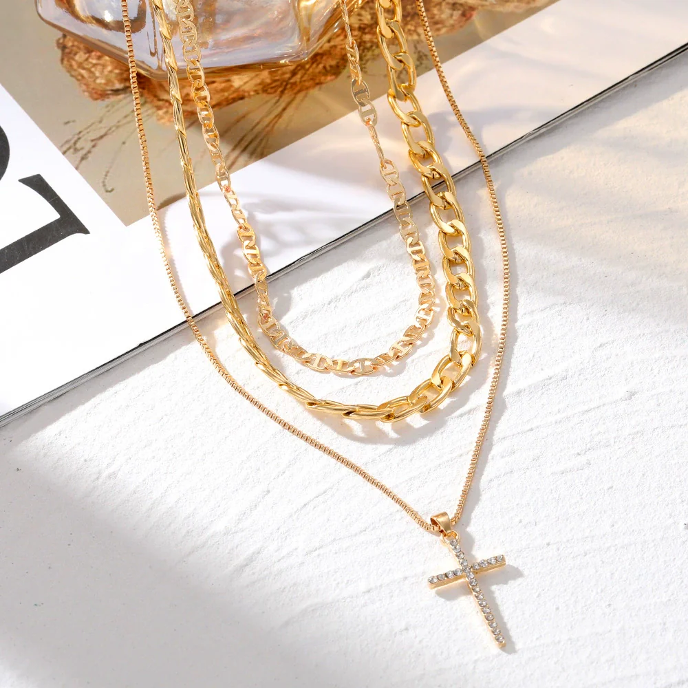 Jewelry Alloy Geometric Cross Heartshaped Pendant Multilayer Necklace With Diamond For Women - Image 2