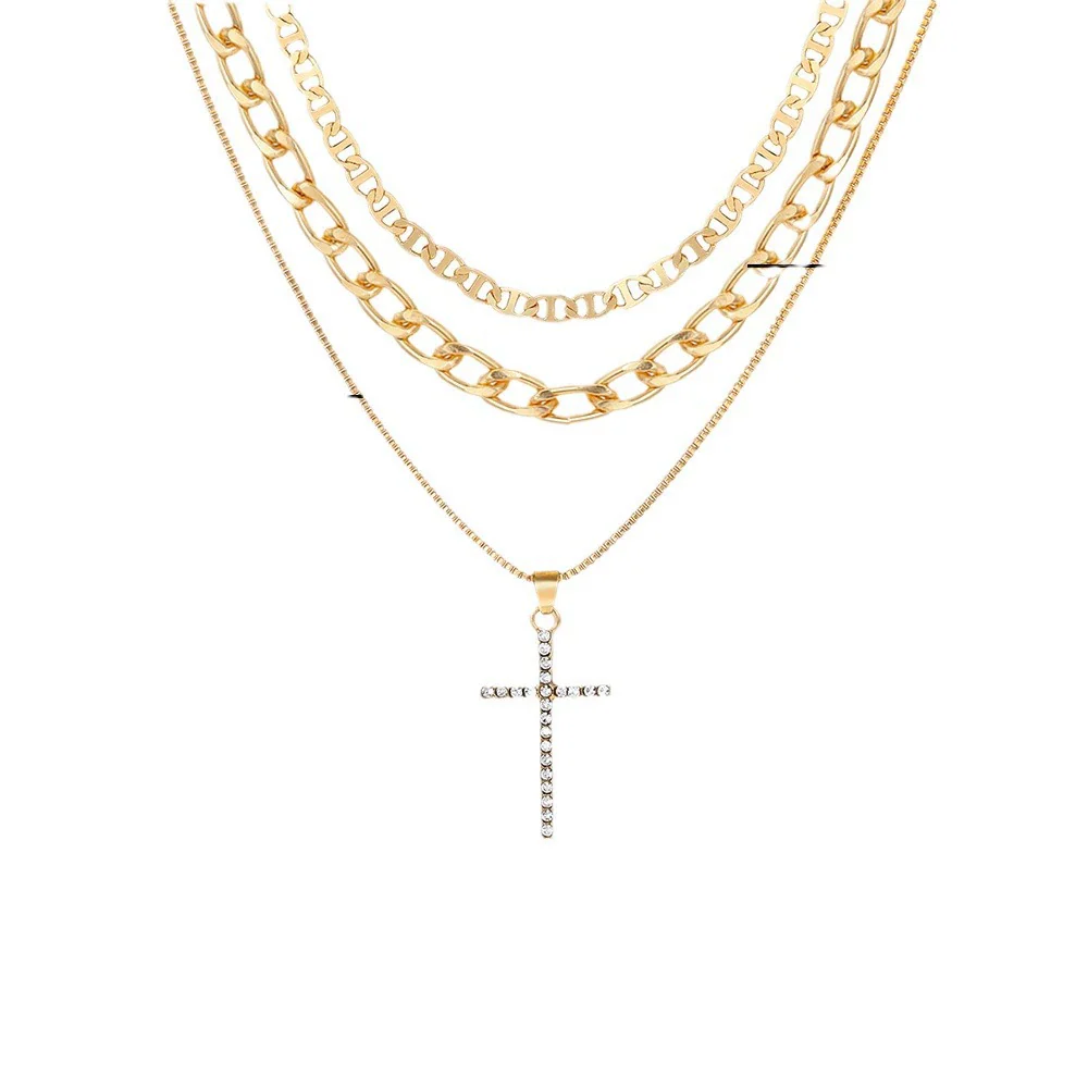 Jewelry Alloy Geometric Cross Heartshaped Pendant Multilayer Necklace With Diamond For Women - Image 5