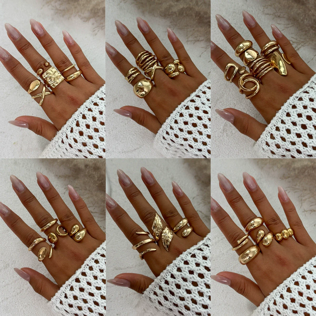 Jewelry Alloy Geometric Exaggerated Asymmetrical Open Ring Set Electroplating Niche Style