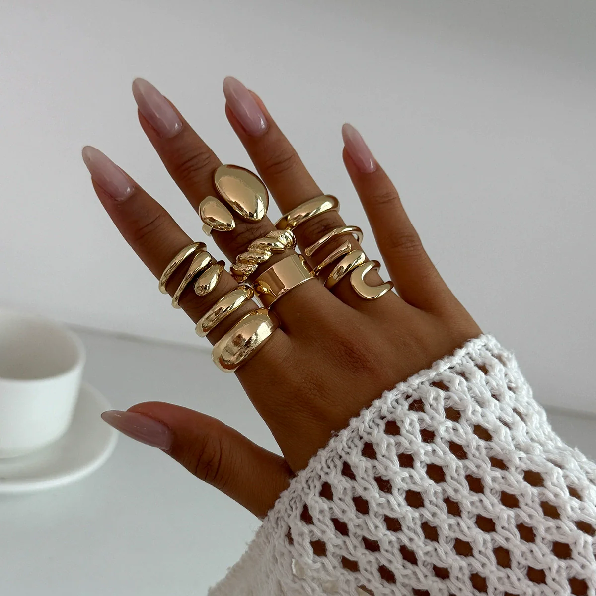 Jewelry Alloy Geometric Exaggerated Asymmetrical Open Ring Set Electroplating Niche Style - Image 18