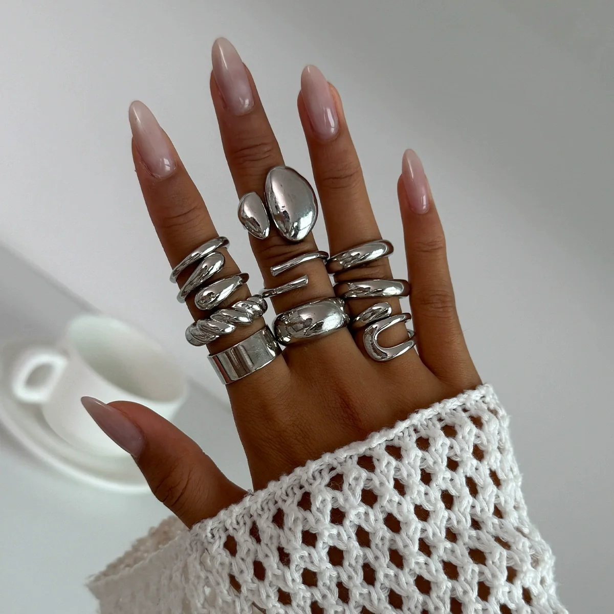 Jewelry Alloy Geometric Exaggerated Asymmetrical Open Ring Set Electroplating Niche Style - Image 19