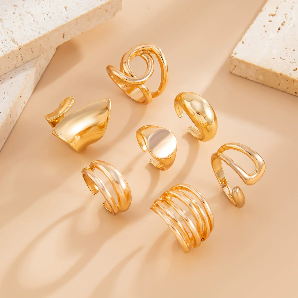 Jewelry Alloy Geometric Exaggerated Asymmetrical Open Ring Set Electroplating Niche Style - Image 4