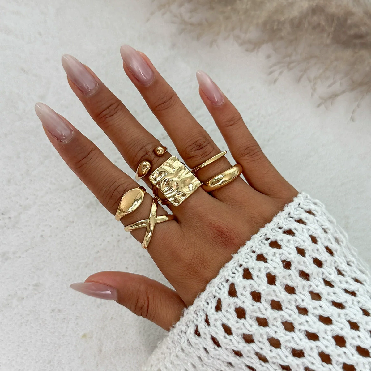 Jewelry Alloy Geometric Exaggerated Asymmetrical Open Ring Set Electroplating Niche Style - Image 6