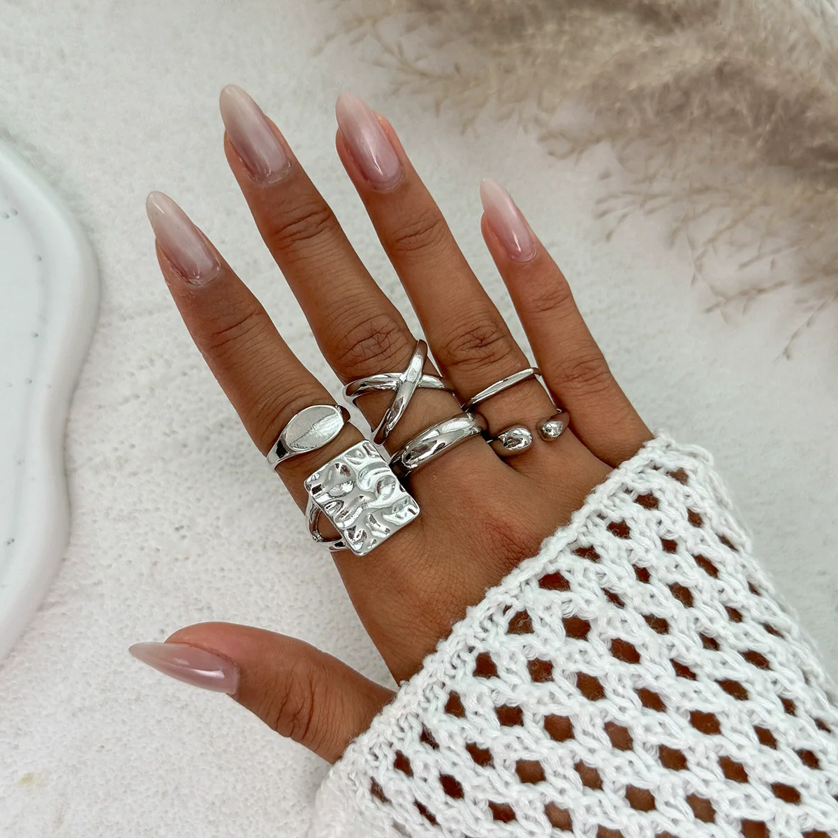 Jewelry Alloy Geometric Exaggerated Asymmetrical Open Ring Set Electroplating Niche Style - Image 7