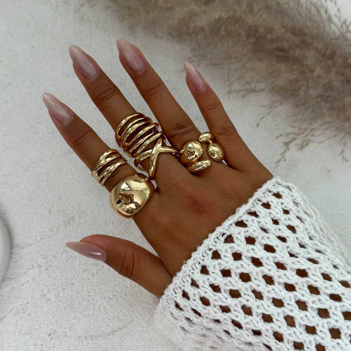 Jewelry Alloy Geometric Exaggerated Asymmetrical Open Ring Set Electroplating Niche Style - Image 8