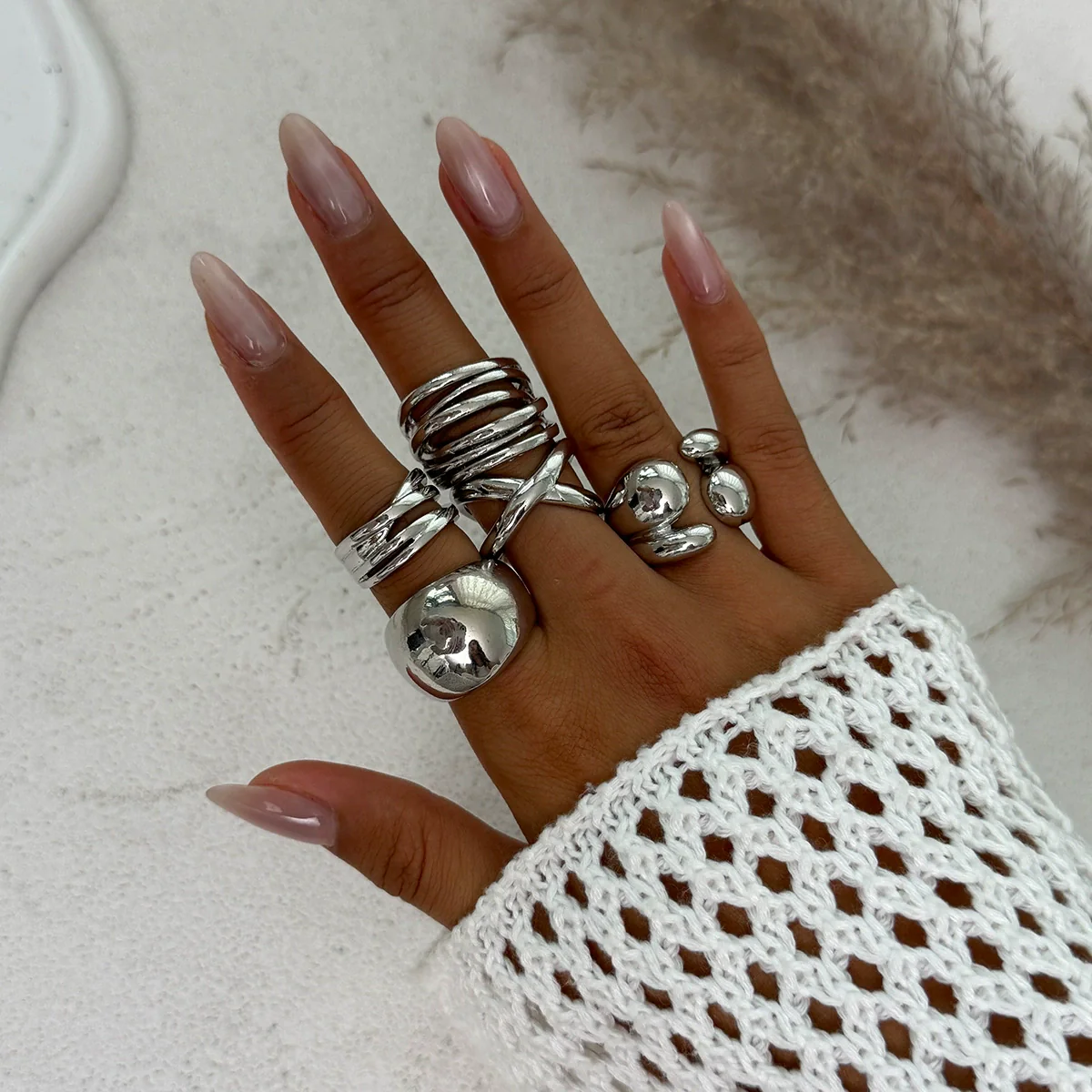 Jewelry Alloy Geometric Exaggerated Asymmetrical Open Ring Set Electroplating Niche Style - Image 9