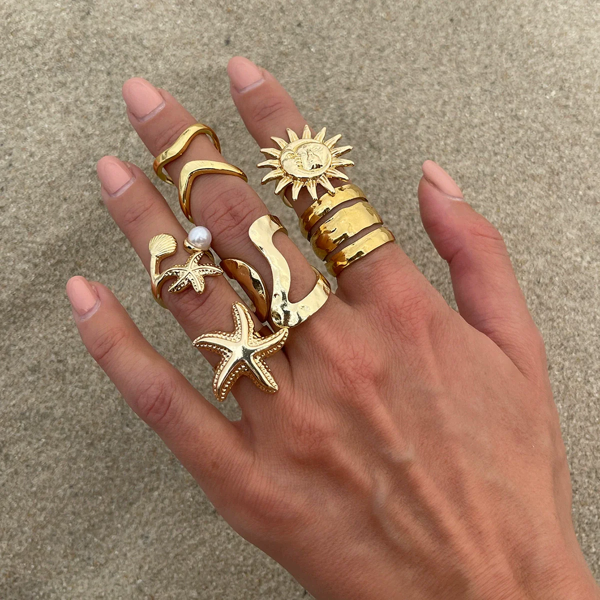 Jewelry Alloy Geometric Open Ring Set With Starfish Pearl Electroplating - Image 2