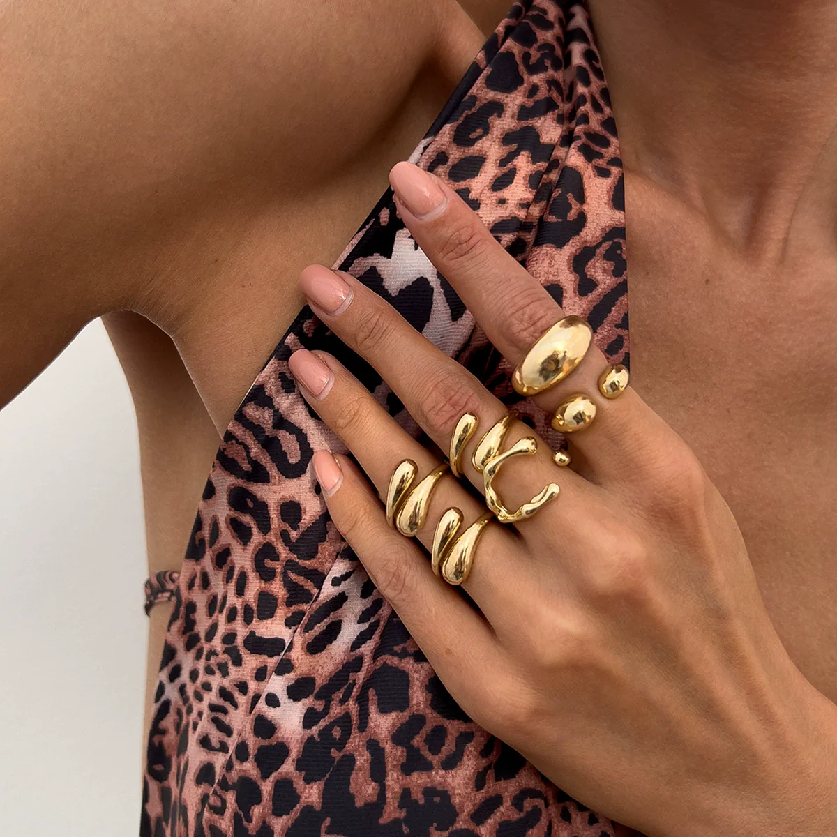 Jewelry Alloy Geometric Oval Chain Necklace And Ring Set Electroplated - Image 9