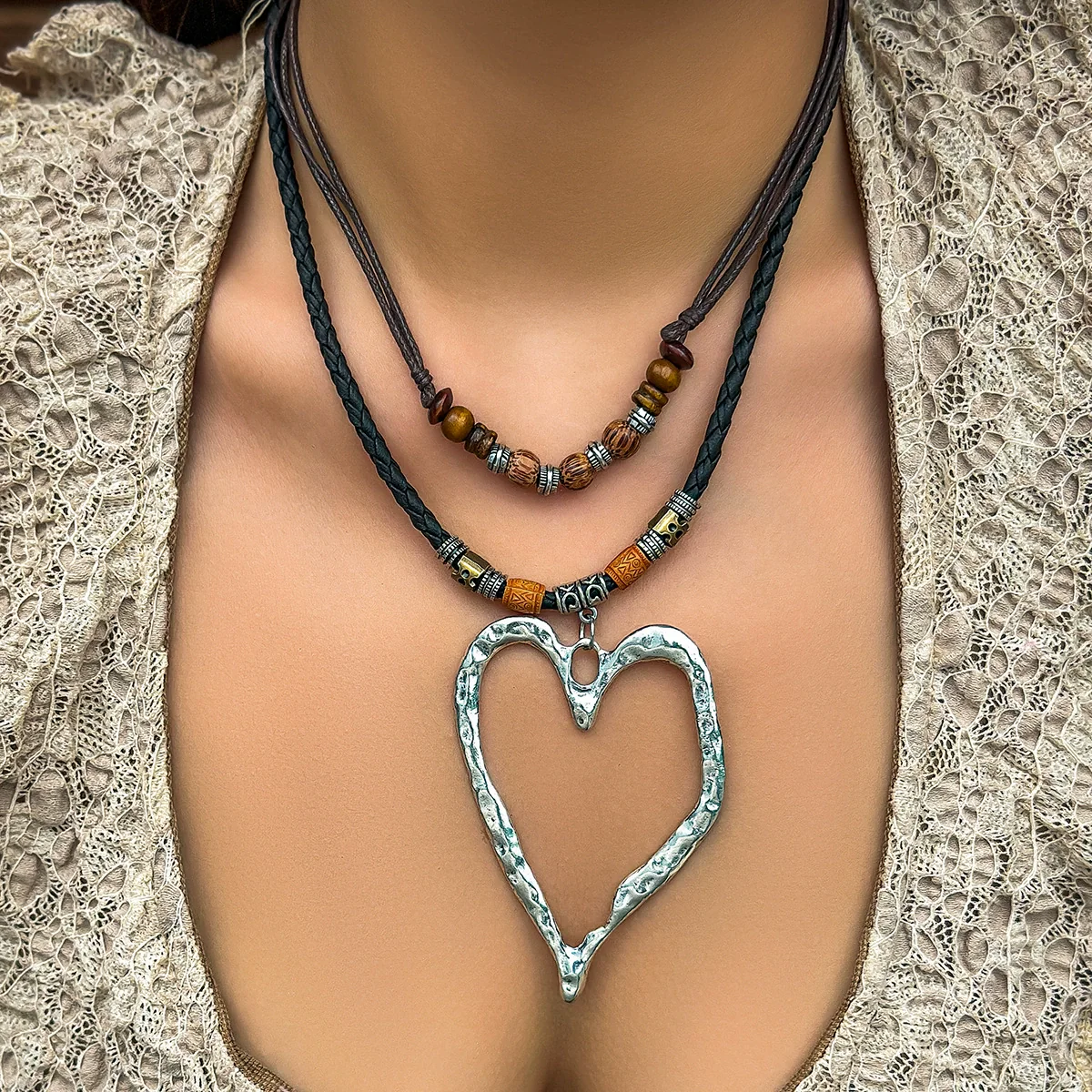 Jewelry Alloy Heart Geometric Pendant Necklace Electroplated Wax Line For Women - Image 3
