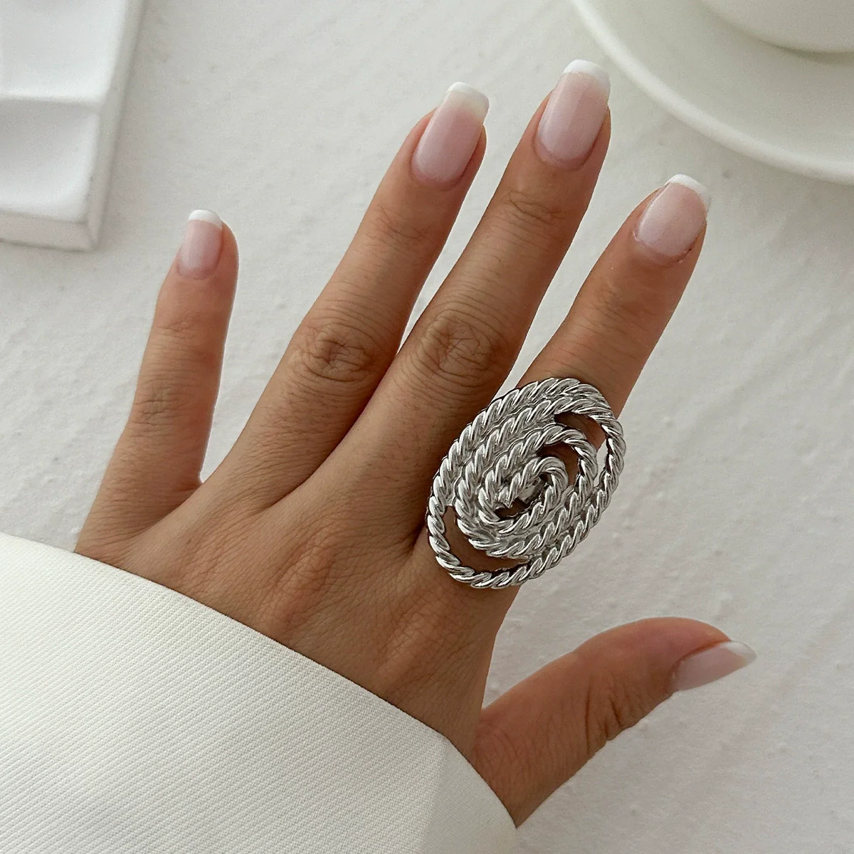 Jewelry Alloy Imitation Pearl Geometric Corrugated Irregular Oval Winding Ring Electroplated For Women - Image 13