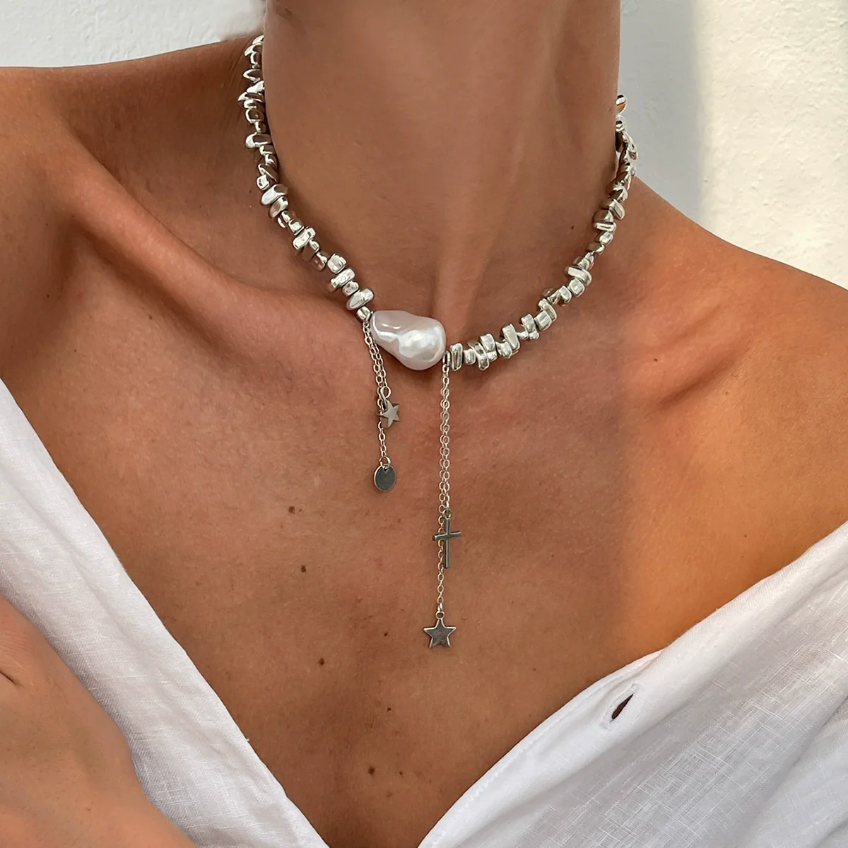 Jewelry Alloy Imitation Pearl Geometric Shaped Copper Clad Iron Chain Electroplated Necklace For Women - Image 8