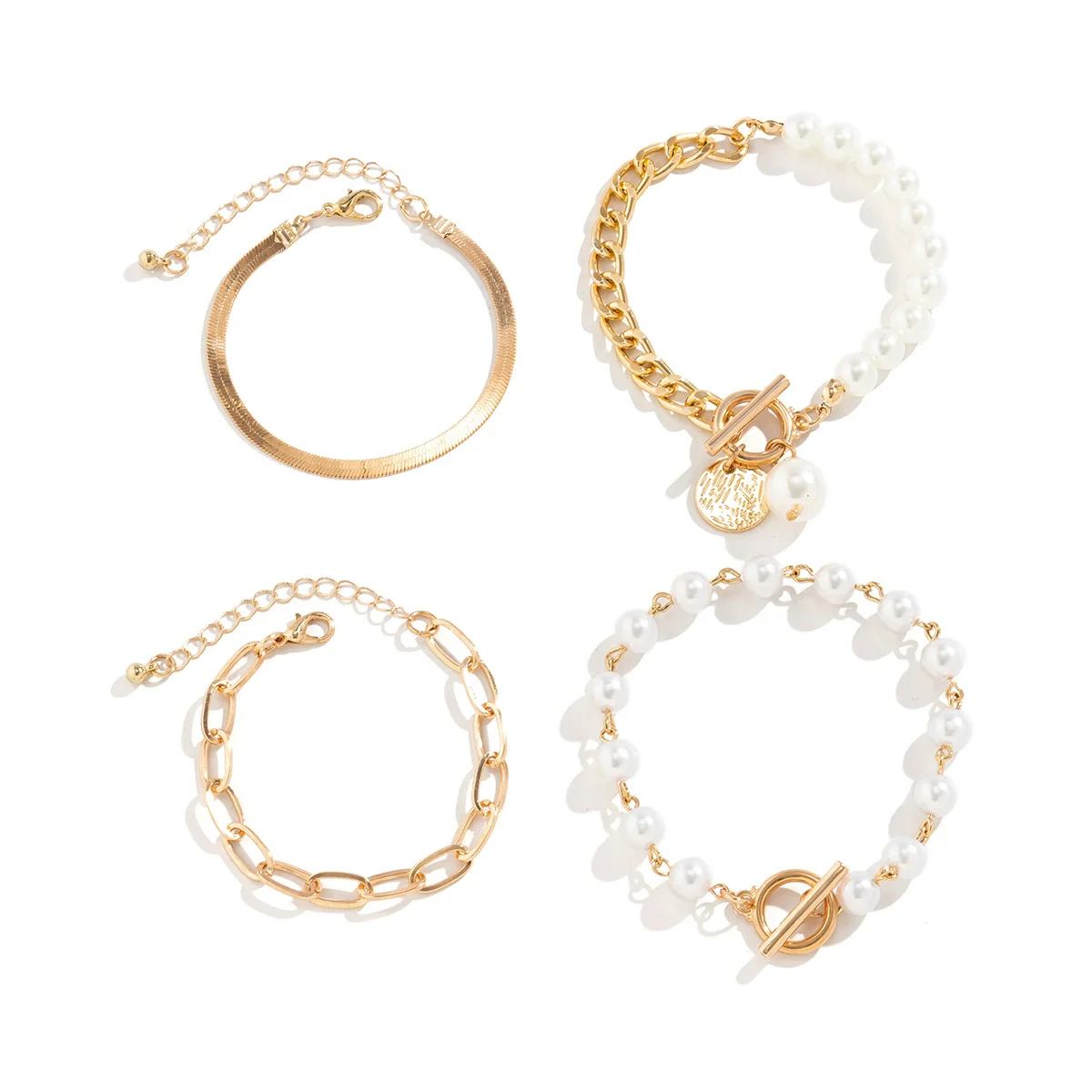 Jewelry Alloy Imitation Pearl Retro Geometric Electroplated Bracelet Set For Women - Image 4