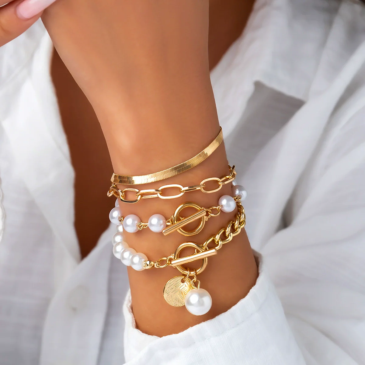 Jewelry Alloy Imitation Pearl Retro Geometric Electroplated Bracelet Set For Women - Image 7