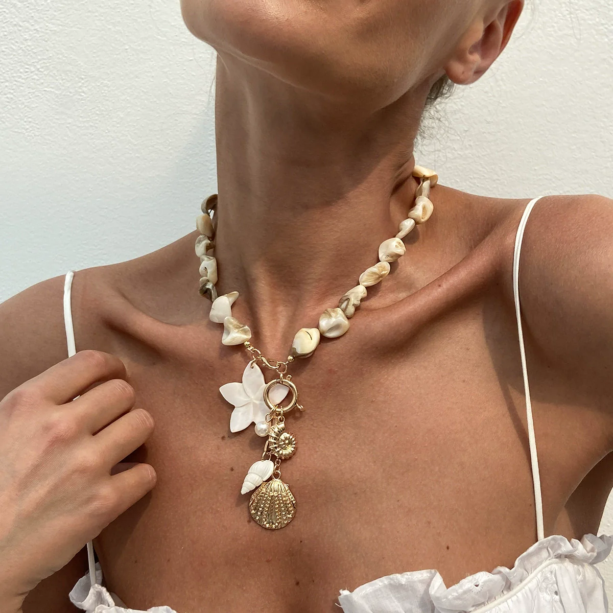 Jewelry Alloy Pearl Shell Geometric Handmade Irregular Ocean Style Women's Necklace Bracelet - Image 3