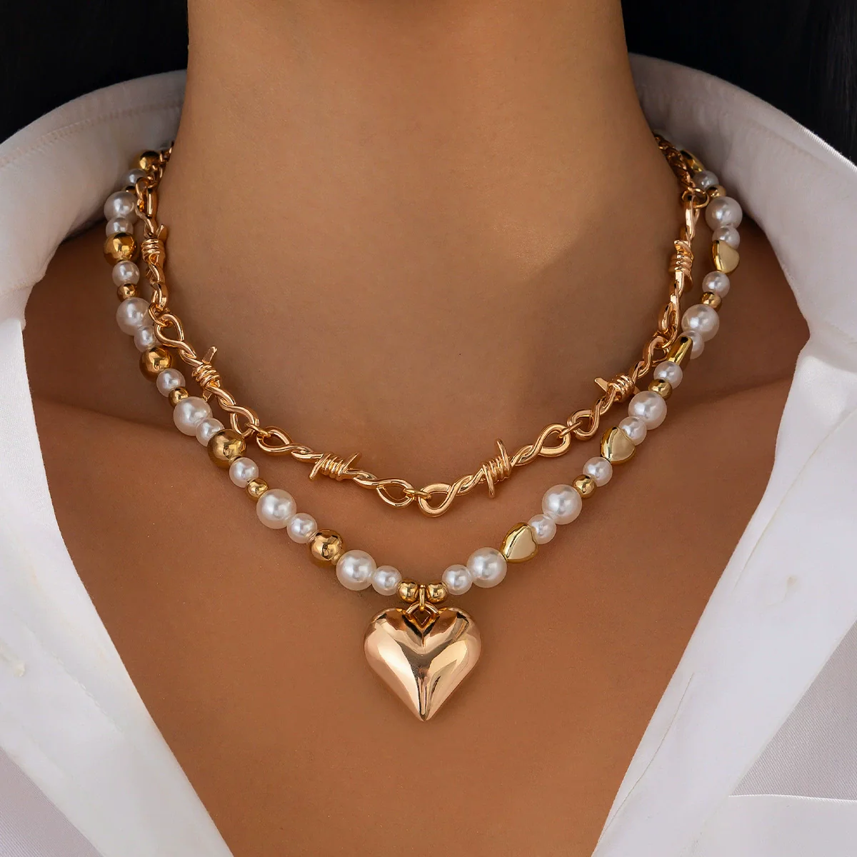 Jewelry Alloy Pendant Necklace With Imitation Pearl Beaded Clavicle Chain Heart Shape Electroplating Versatile Style For Women - Image 6