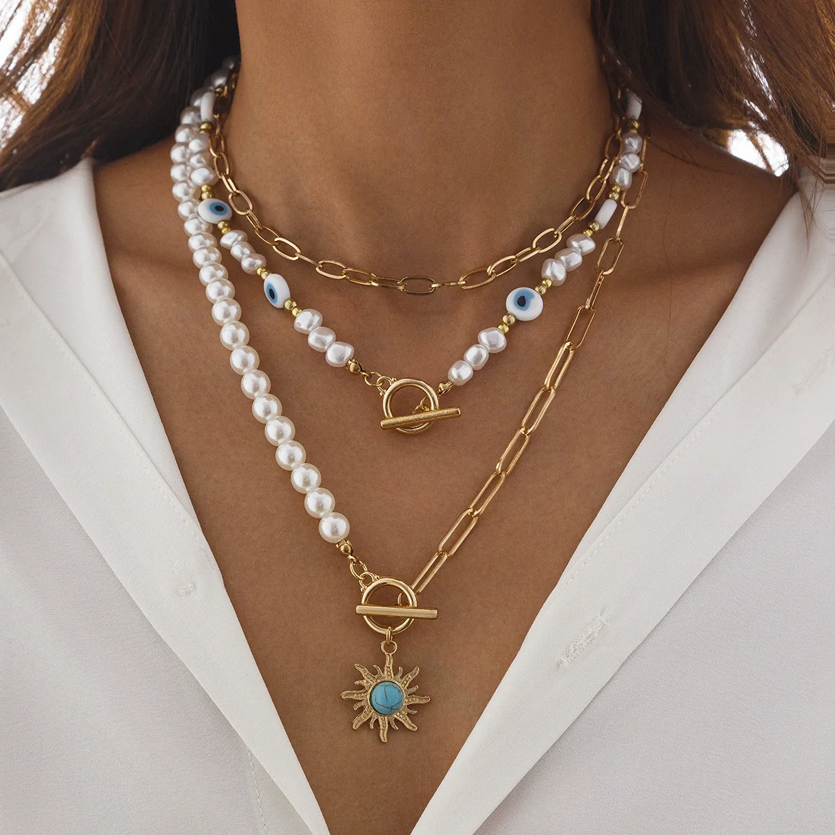 Jewelry Alloy Pendant Necklace With Turquoise Sunflower Beads Copper Iron Acrylic Rice Beads Electroplated Geometric Style For Women - Image 9