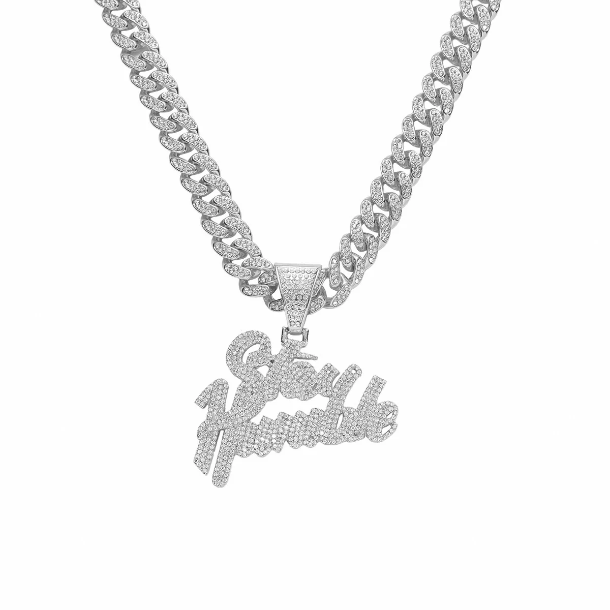 Jewelry Alloy Rhinestone Diamond Stitching Letter Pendant Necklace Hiphop Style Cuban Chain - Image 5