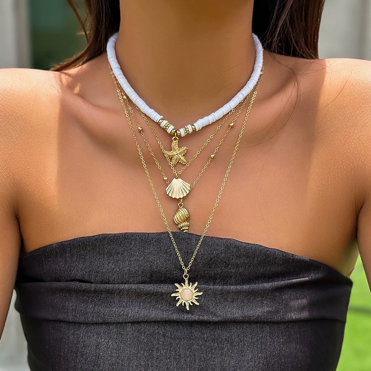 Jewelry Alloy Shell Conch Tassel Starfish Multi Layer Necklace Electroplated For Women - Image 4