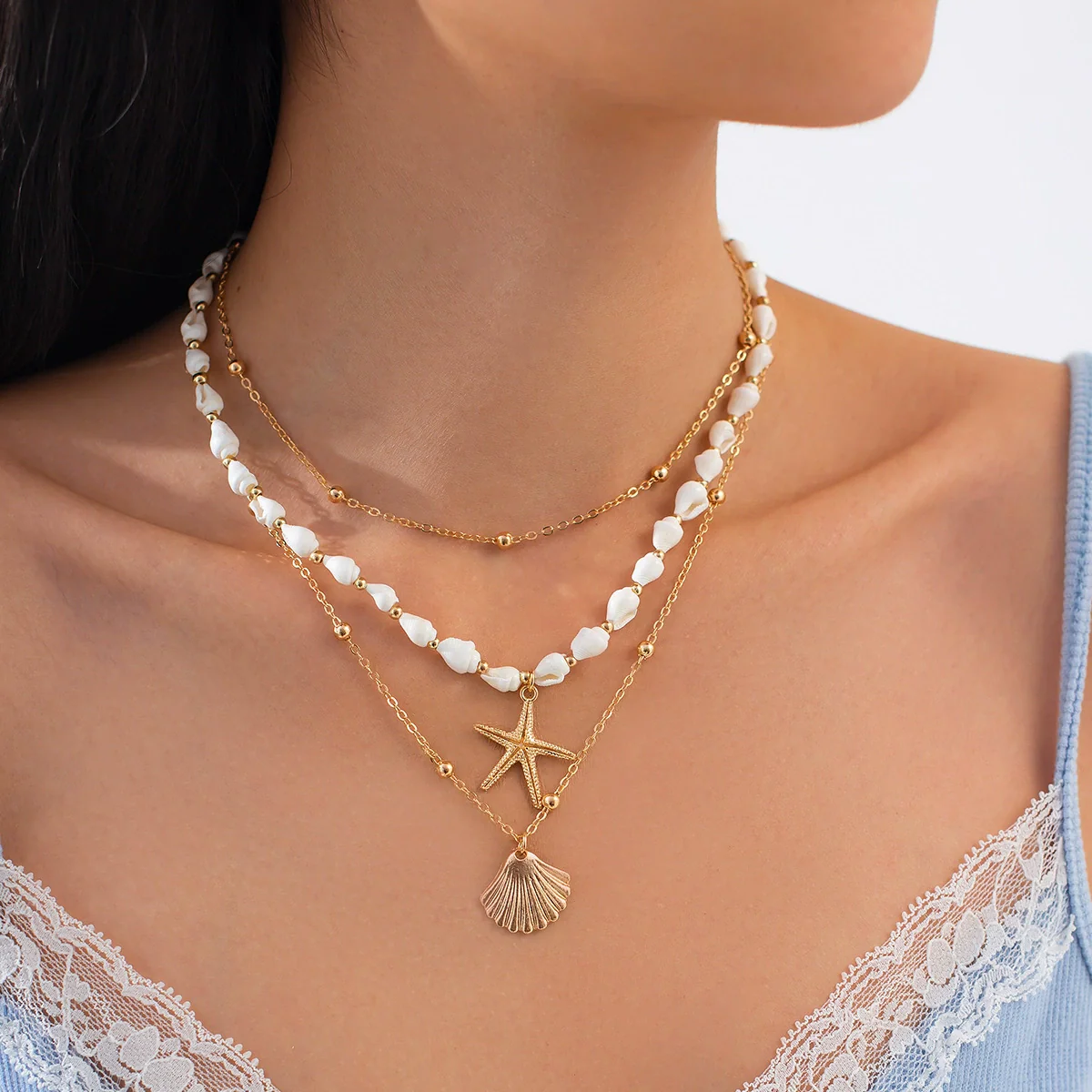 Jewelry Alloy Shell Starfish Pendant Clavicle Chain Copperclad Iron Electroplating Geometric Style - Image 6