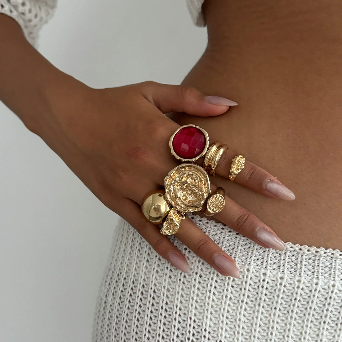 Jewelry Alloyacrylic Drill Geometric Style Electroplated Ring Set - Image 3