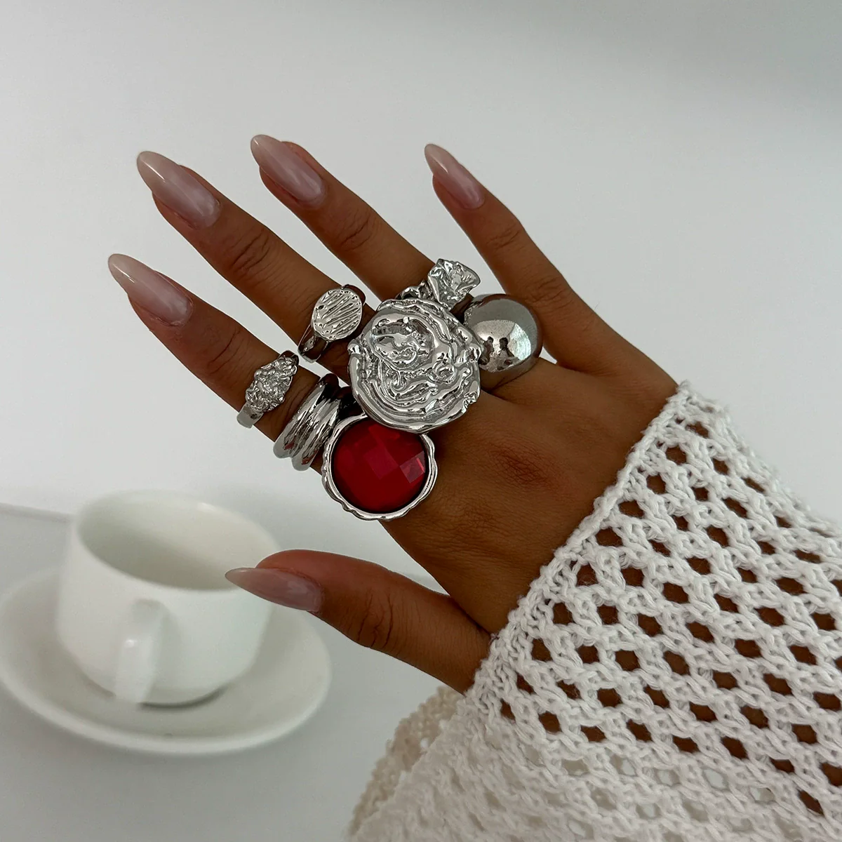 Jewelry Alloyacrylic Drill Geometric Style Electroplated Ring Set - Image 7