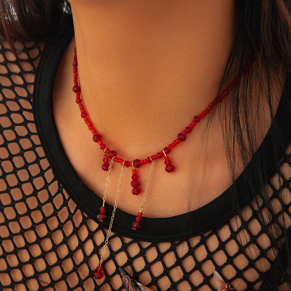 Jewelry Artificial Crystal Geometric Gothic Blood Dropping Tassel Clavicle Necklace For Women Electroplated - Image 6
