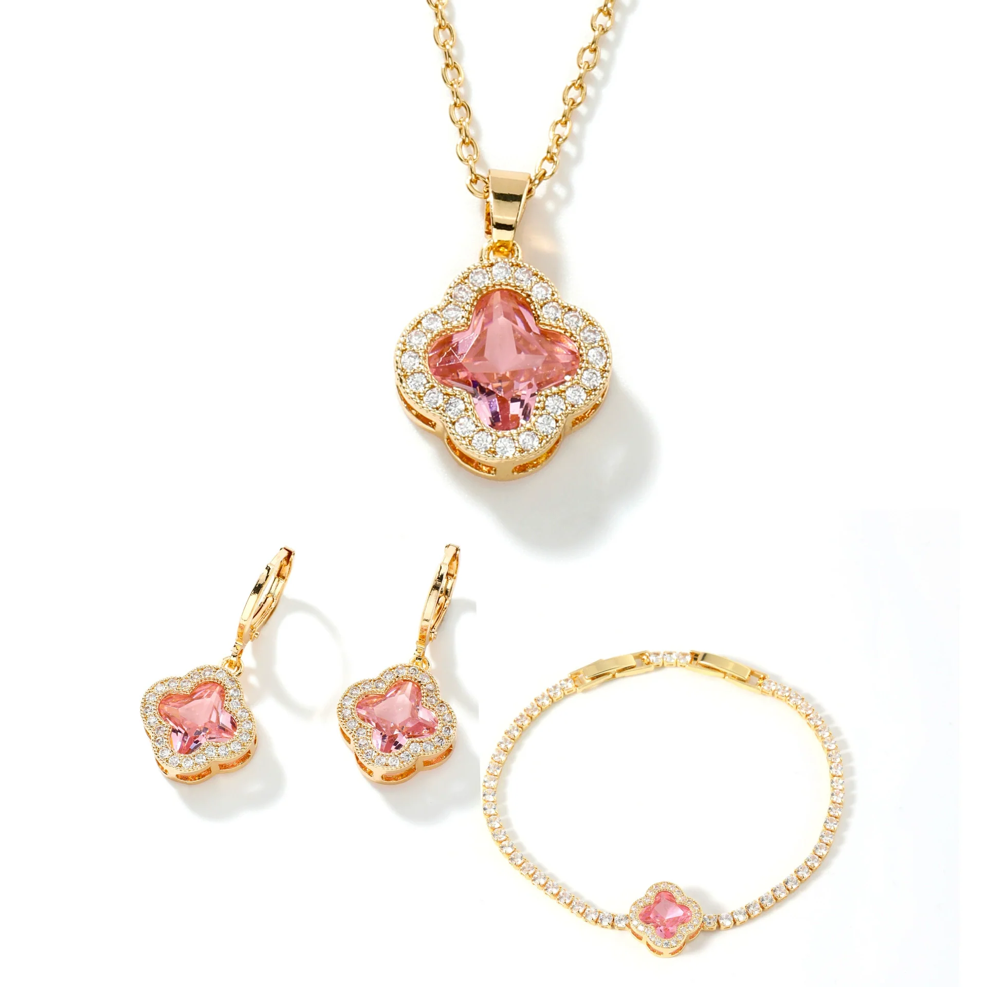 Jewelry Clover Pendant Copper Electroplating Unisex Earrings Necklace Bracelet Set