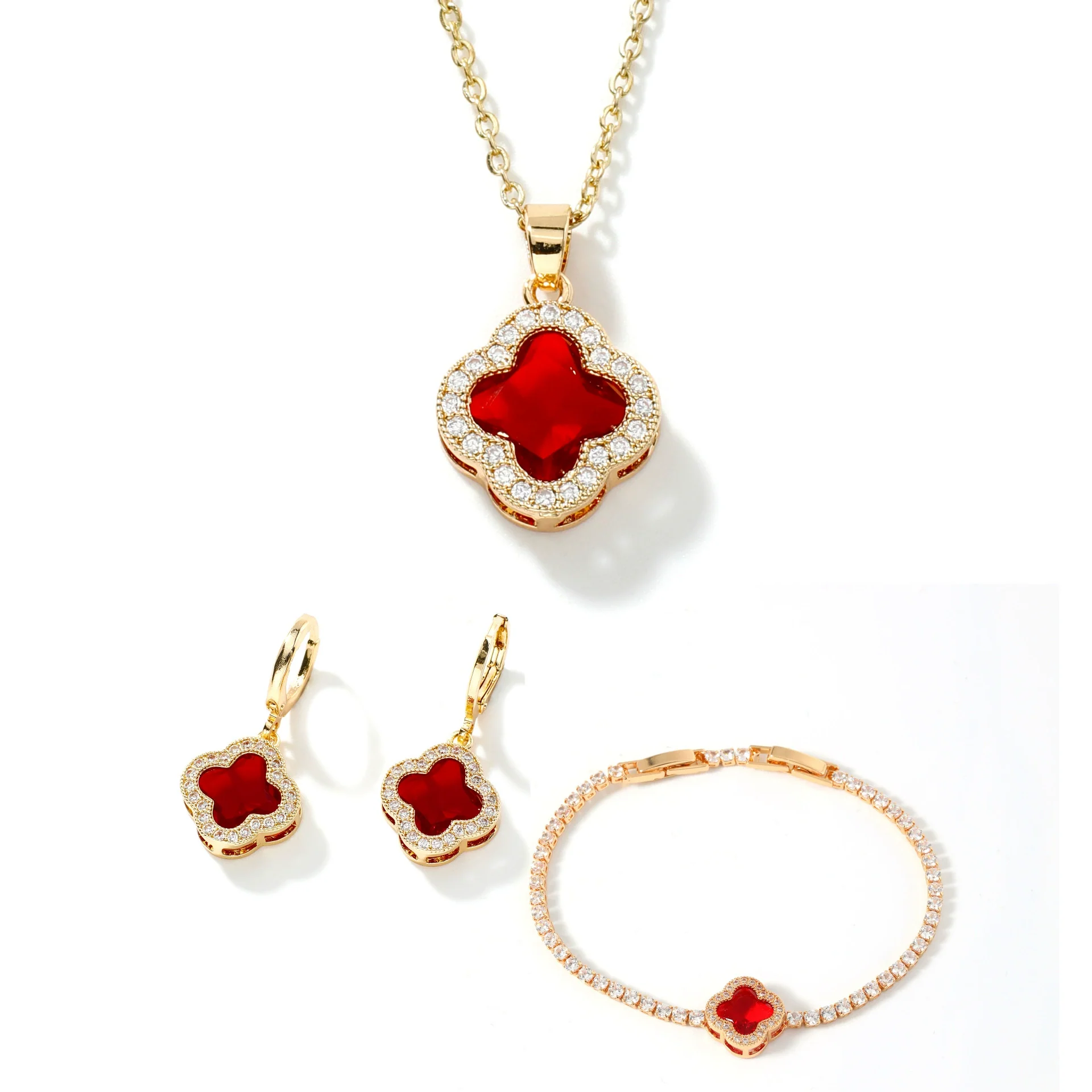 Jewelry Clover Pendant Copper Electroplating Unisex Earrings Necklace Bracelet Set - Image 5